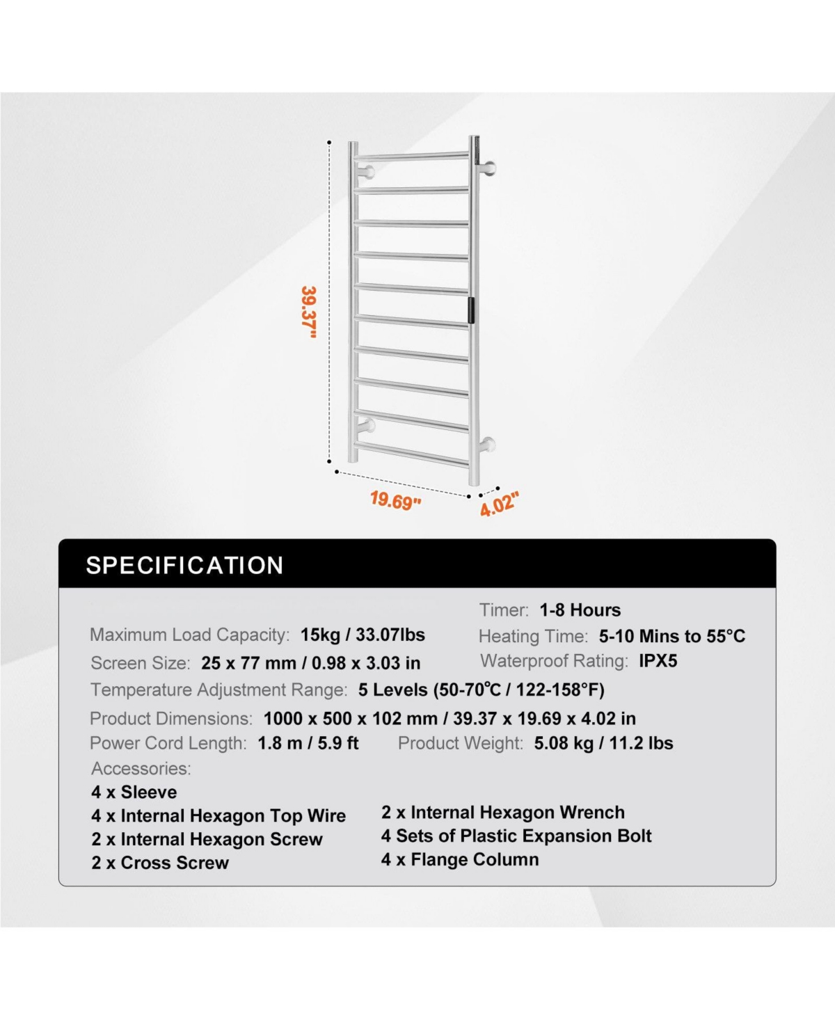 Ecooso 10 Bars Towel Warmer Rack, Wall Mounted Heated Towel Rack for Bathroom