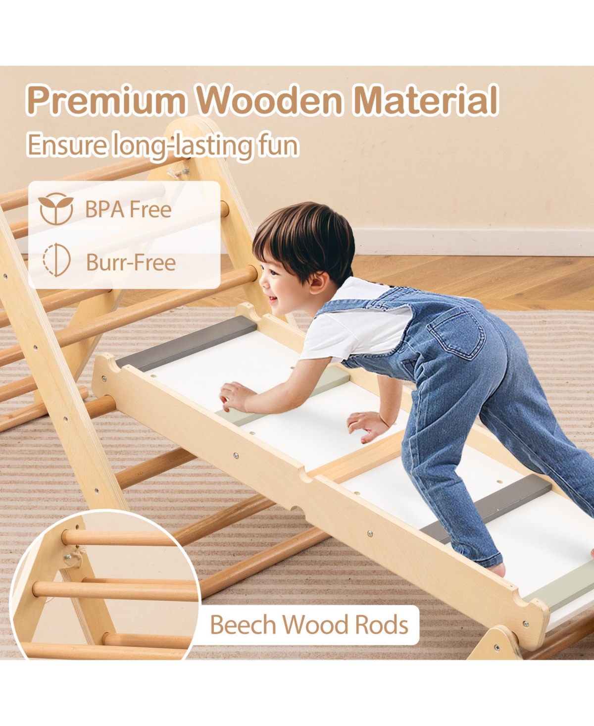 Skonyon 3-in-1 Foldable Pikler Triangle Climbing Set with Ramp – Natural Montessori Toys