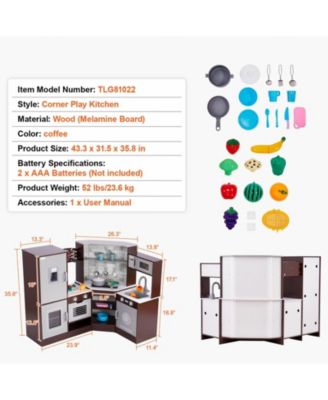 Corner Wooden Play Kitchen, Toy Set with Lights & Sounds, Ice Maker, Oven, Sink, Clock, Microwave, Fridge & Accessories