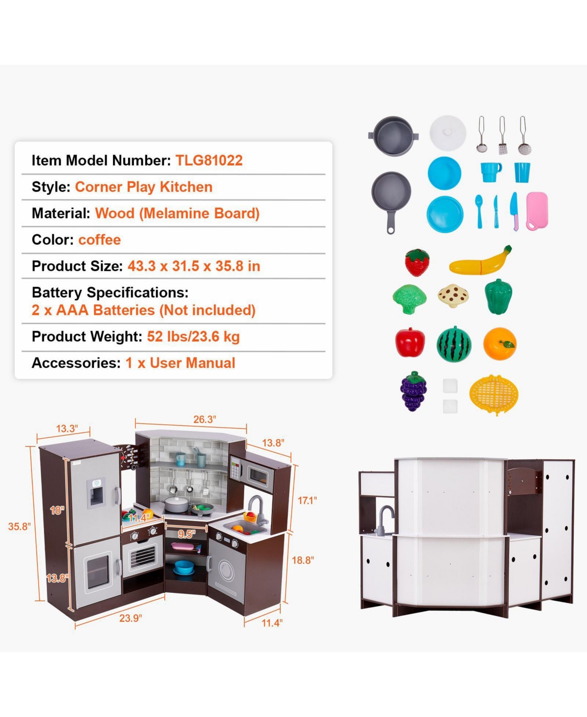 Mecale Corner Wooden Play Kitchen, Toy Set with Lights & Sounds, Ice Maker, Oven, Sink, Clock, Microwave, Fridge & Accessories