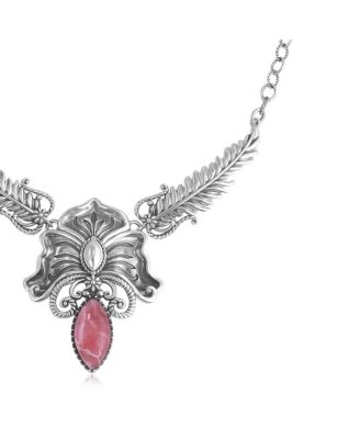 Sterling Silver Rhodochrosite Cactus Flower Marquise Feather Necklace, 20 Inches