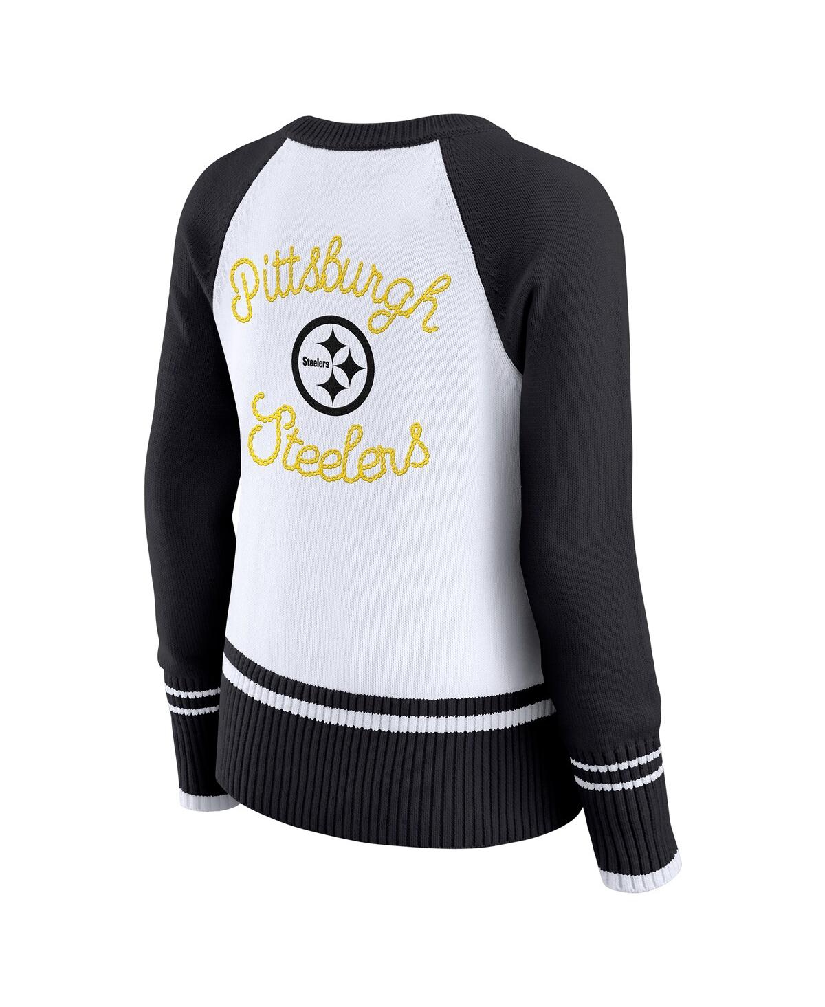 Women's White/Black Pittsburgh Steelers Color Block Raglan Sweater