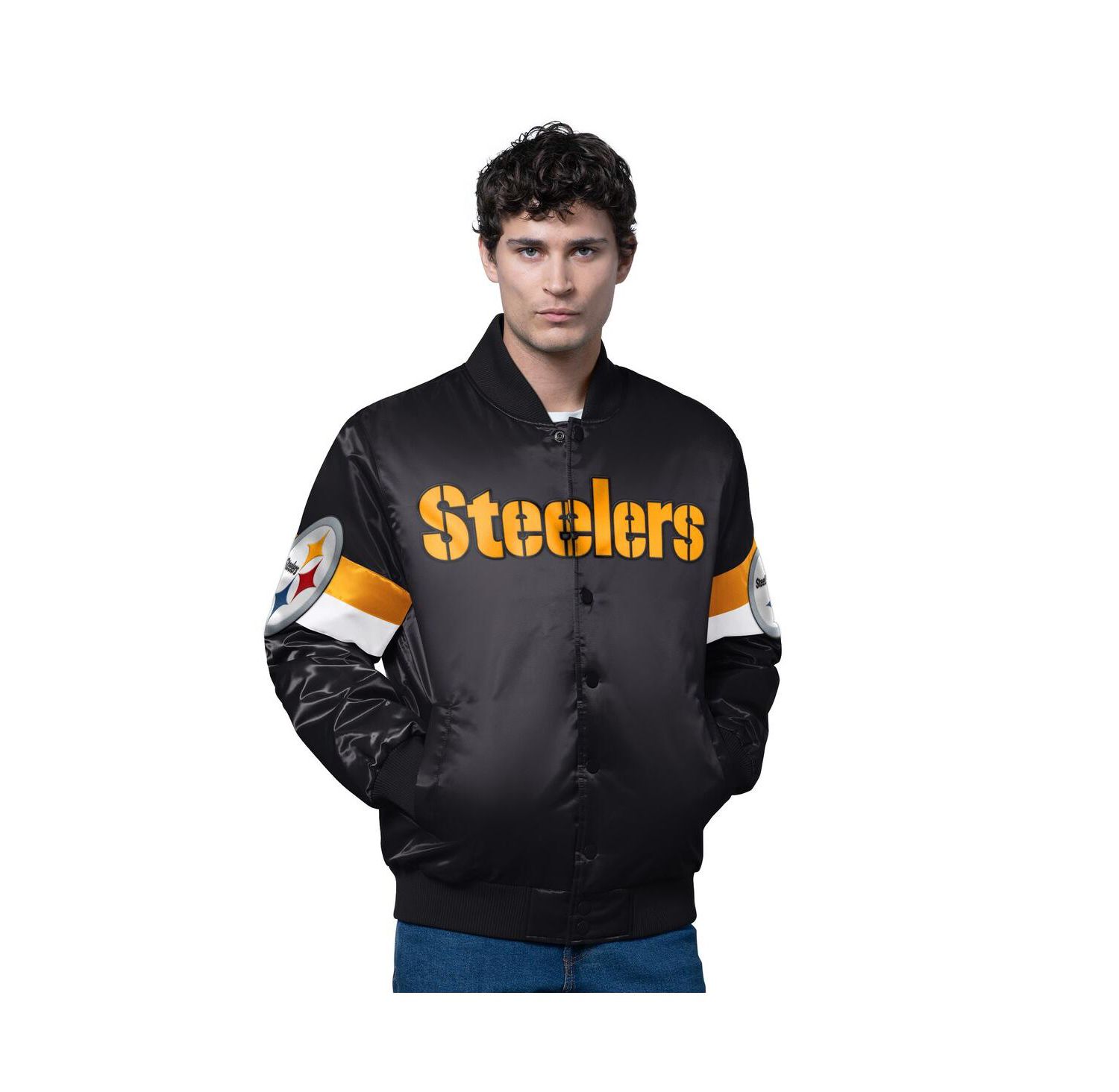 Men's Black Pittsburgh Steelers Triple Option Satin Varsity Full-Snap Jacket