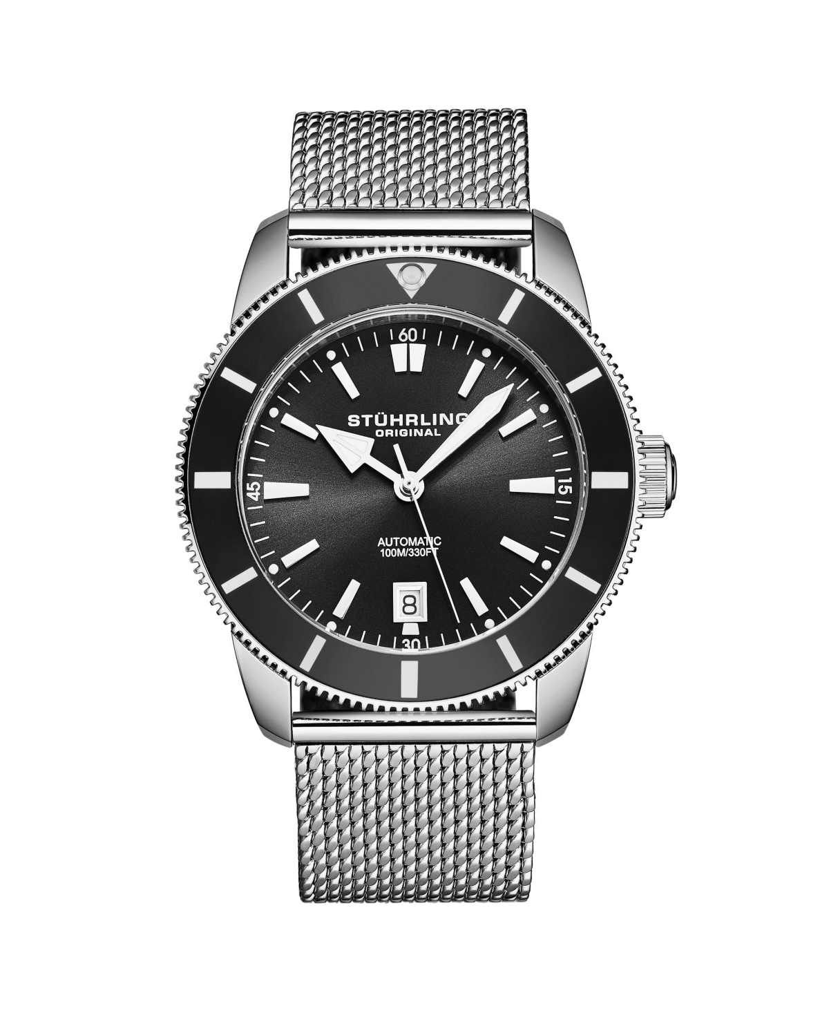 Stuhrling Mens Marinier 4079 Automatic 42 mm Dive Watch with Sunray Dial and Mesh Bracelet