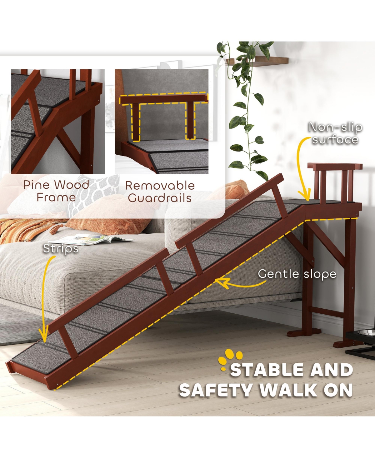 PawHut Wooden Dog Ramp with Removable Guardrails, Non-Slip, 70.5",