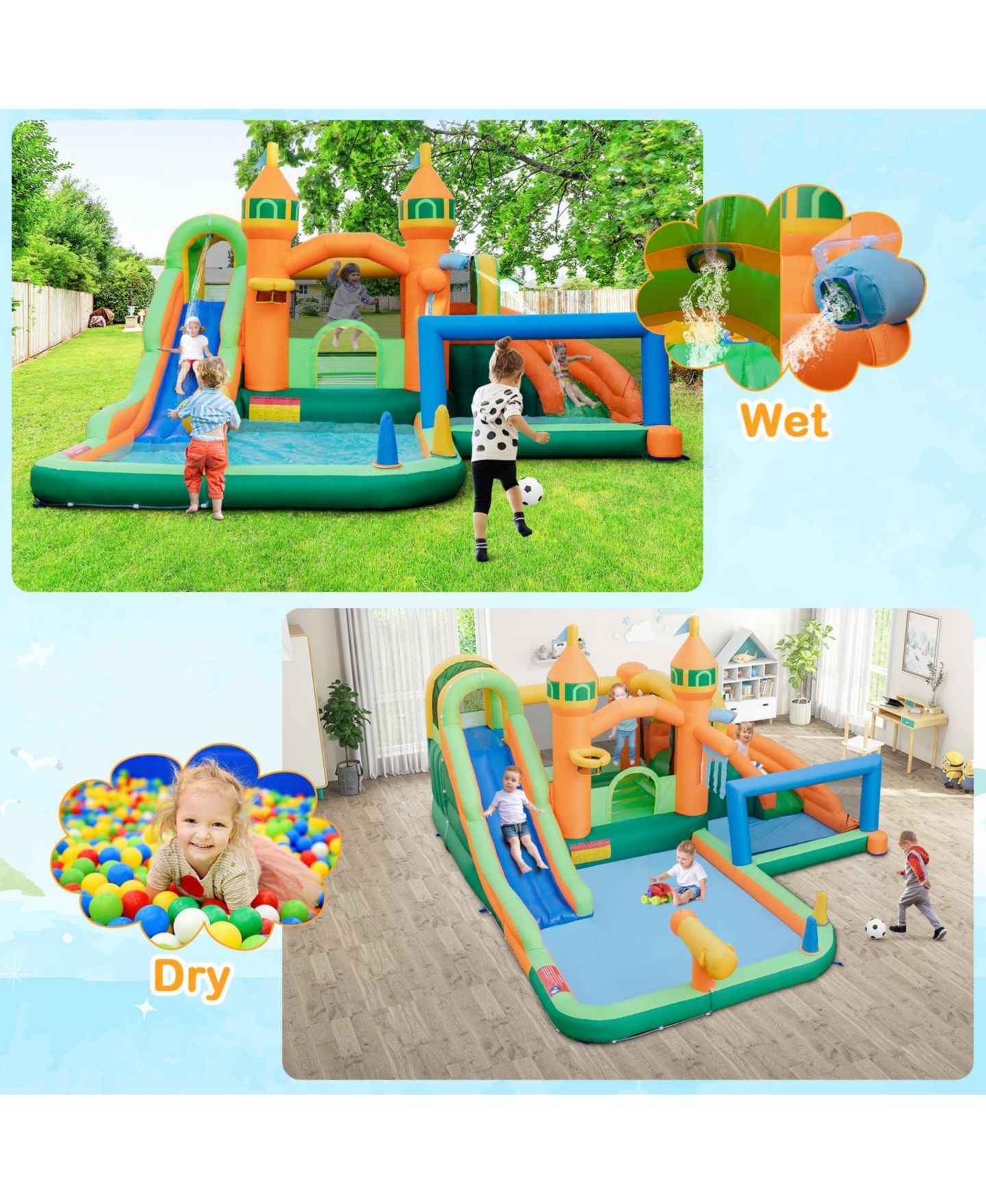Детские игрушки SKONYON Kids Inflatable Water Slide with Dual Slides and Splash Pool, 186"L x 173"W x 110.5"H, Ages 3+, цвет: Синий — фото 10