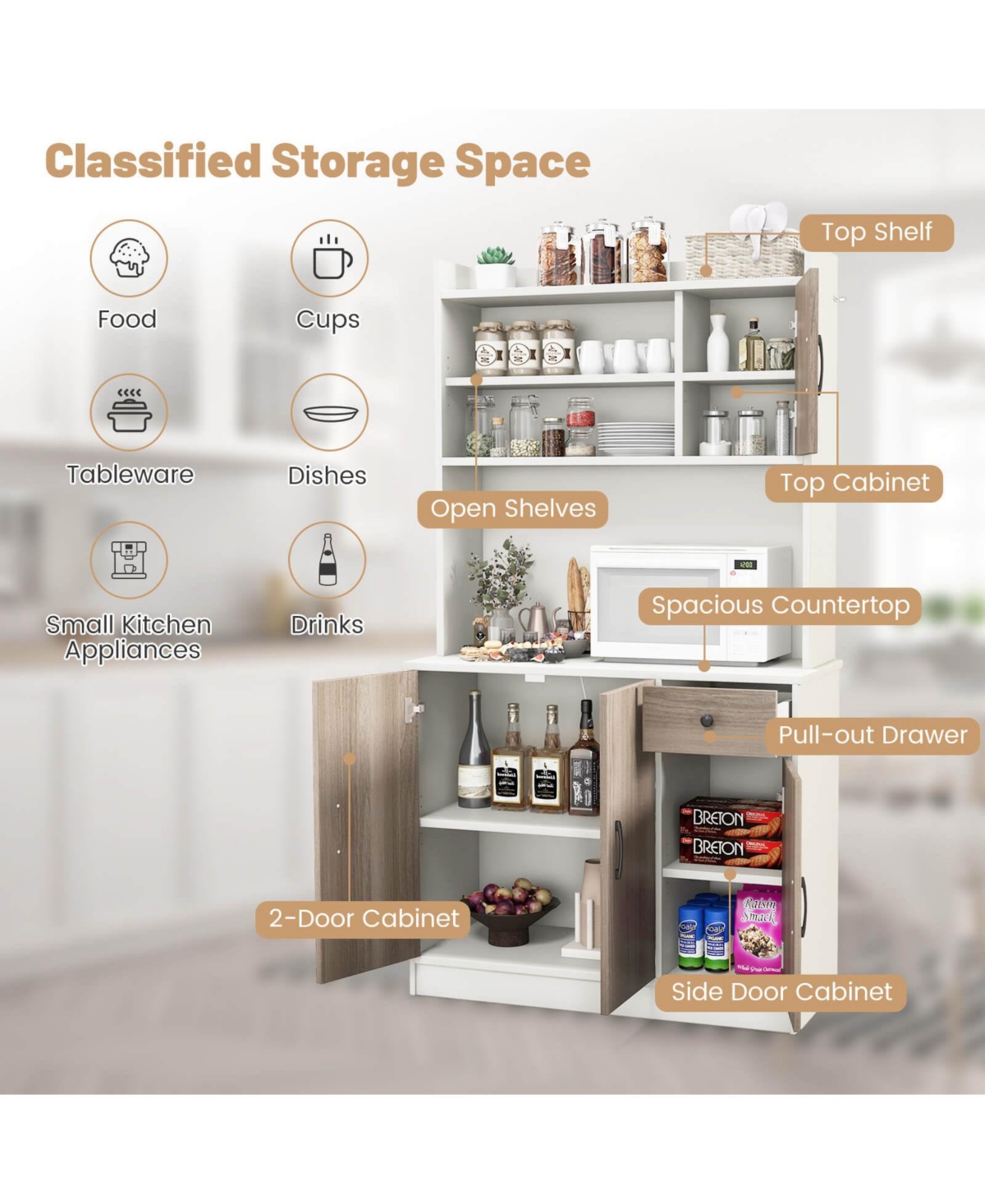 Costway 4-Door 71'' Kitchen Buffet Pantry Storage Cabinet w/Hutch Adjustable Shelf