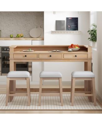 TREXM 4-Piece Retro Dining Set with Kitchen Table 3 Chairs and 3 Storage Drawers