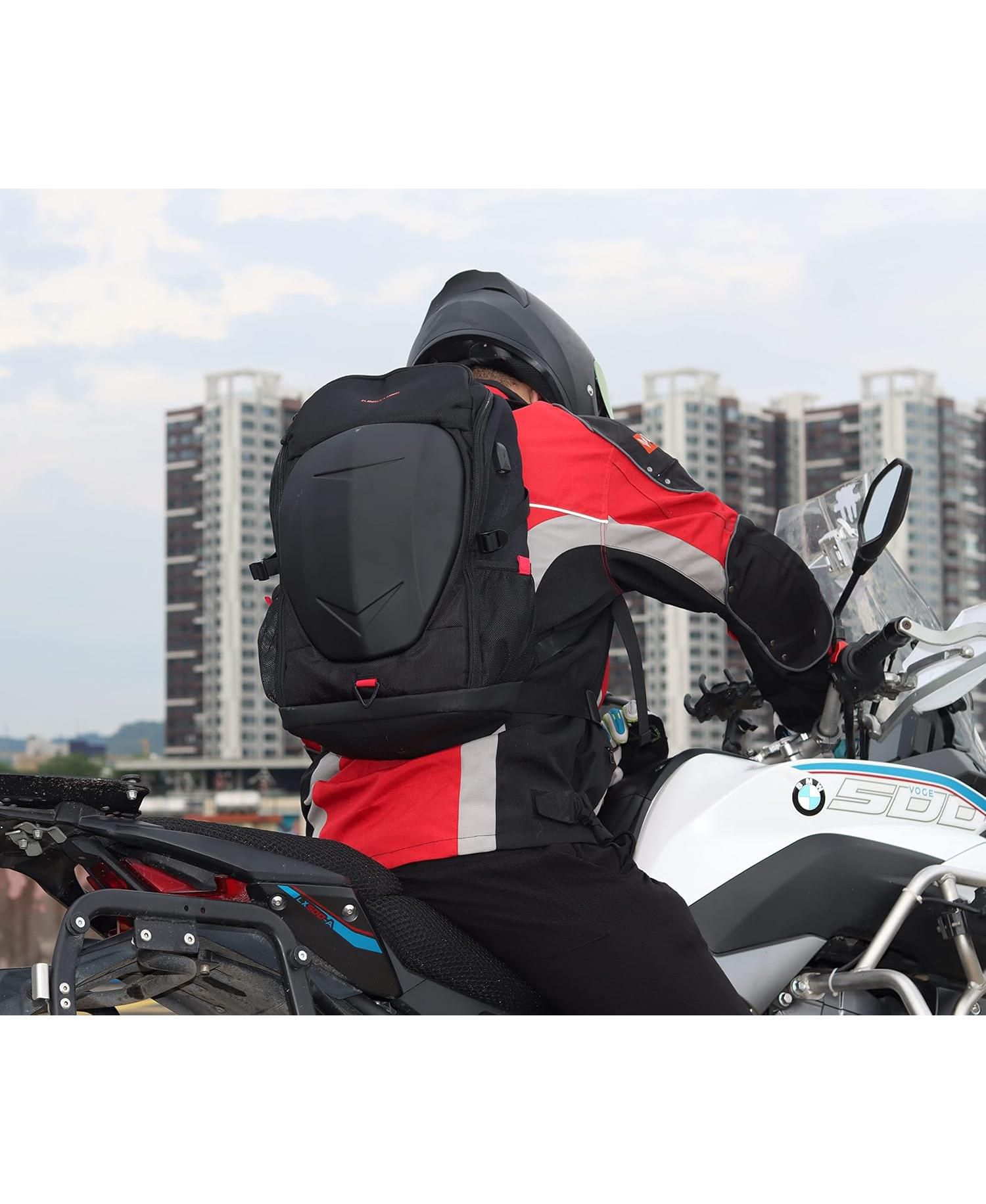 Hardshell 7 Inch Laptop Backpack, Armored with USB Port & Rain Cover for Motorcycle, Outdoor, Racing - Waterproof, Matte Black