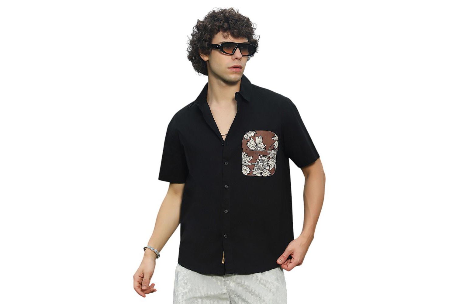 Men's Chocolate Brown & Obsidian Black Flora-Block Shirt