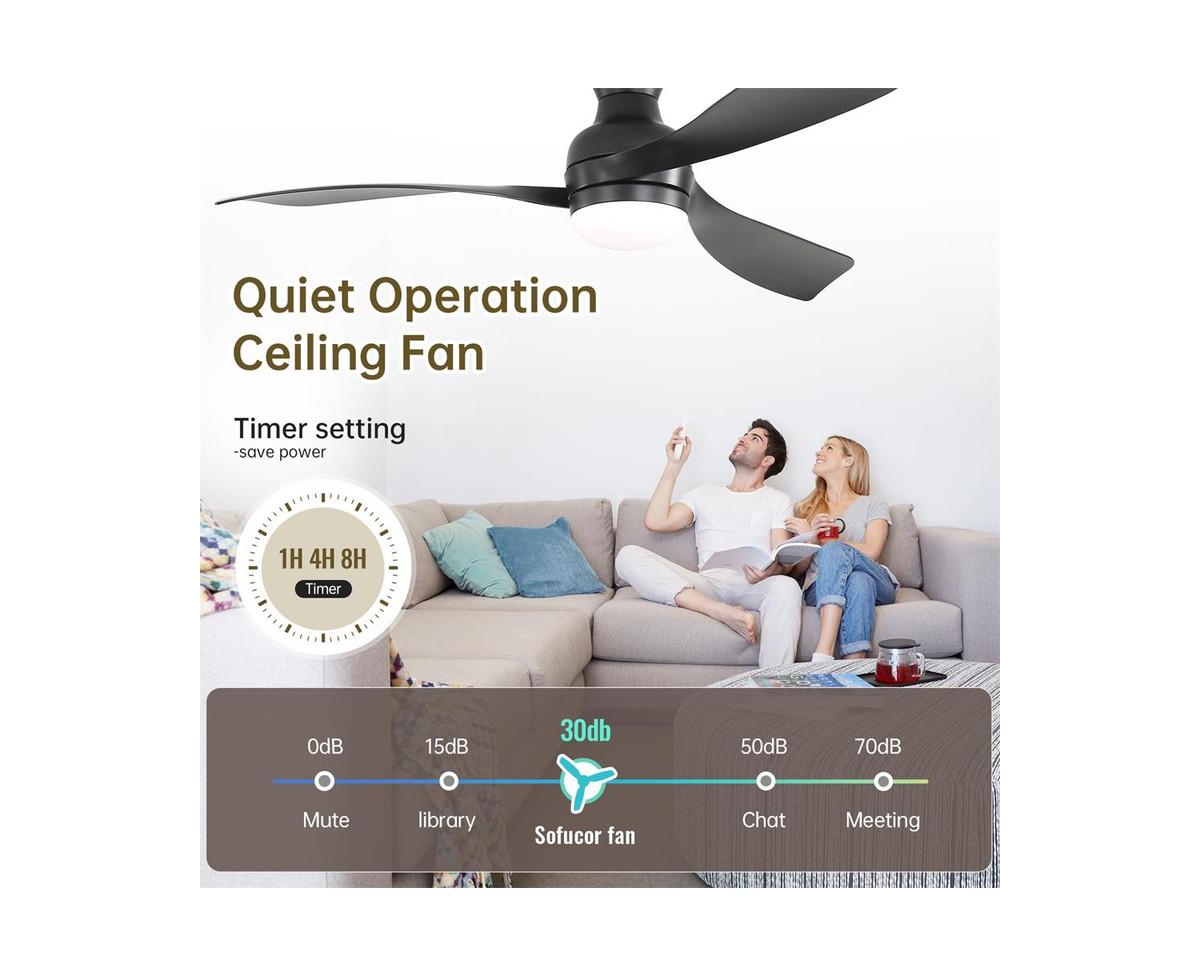 Sofucor 52-inch Modern Black 3-Blade Flush Mount Ceiling Fan with Led Light and Remote Control
