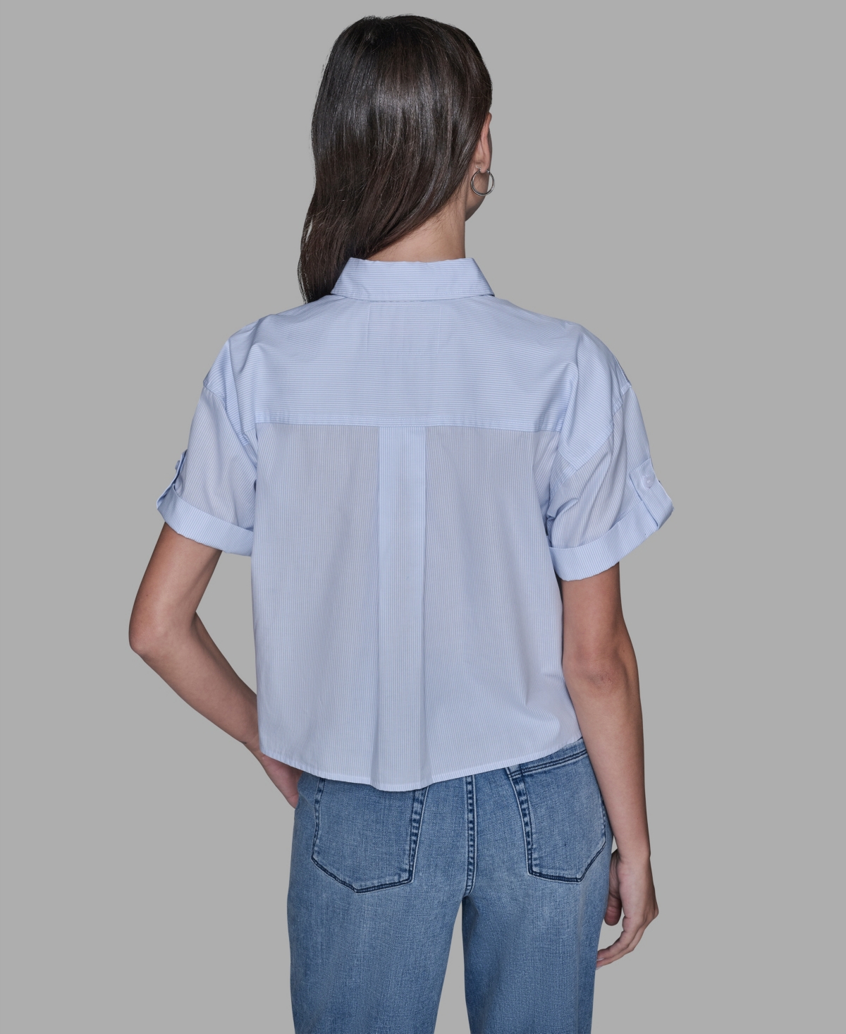 Karl Lagerfeld Paris Women's Short-Sleeve Striped Floral Poplin Blouse