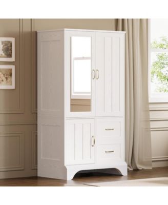 White Wardrobe Closet with Mirror and Doors, Drawers and Shelves, Wooden Armoire Storage Cabinet with Hanging Rod for Bedroom