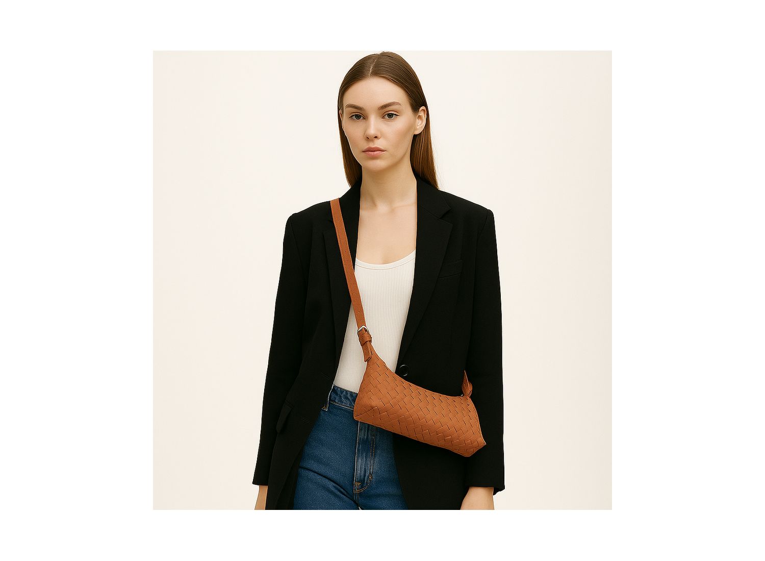 Woven Suede Baguette Bag with Crossbody Strap