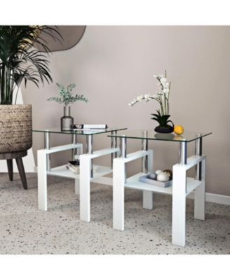 Set of 2 Modern Square Tempered Glass Coffee Tables with Solid Frame