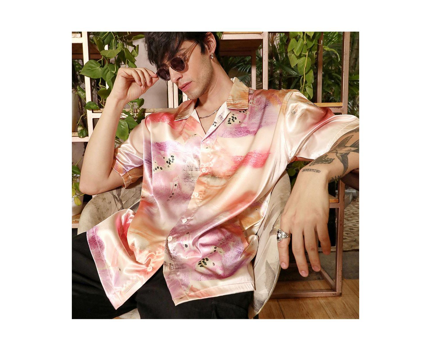 Men's Cantaloupe Orange & Amethyst Purple Abstract Sheen Oversized Shirt