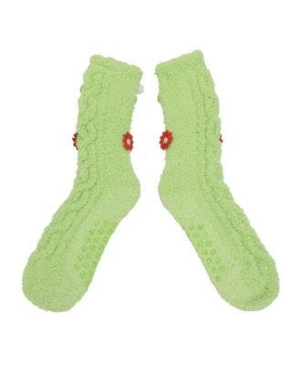 Women's Plush Santa Head Green Chenille Crew Socks6g
