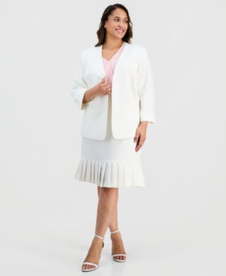 Plus Size Collarless Open-Front Stretch Crepe Jacket, V-Neck Cascade-Ruffle-Front Blouse & Pleat-Trim Stretch Crepe Skirt