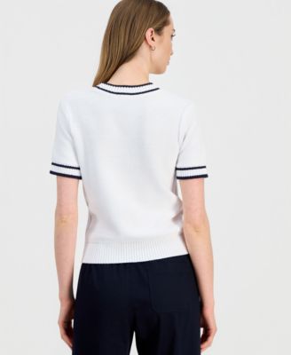 Women's Cotton Short-Sleeve Traveling Cable-Knit Sweater