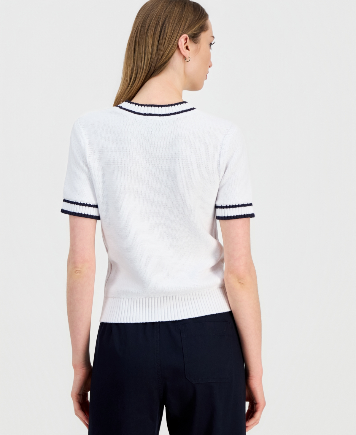 Nautica Jeans Women's Cotton Short-Sleeve Traveling Cable-Knit Sweater