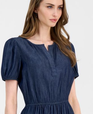 Women's Chambray Puff-Sleeve Tiered Dress