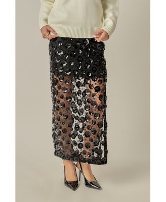 Women's Flower Sequin Sheer Midi Skirt