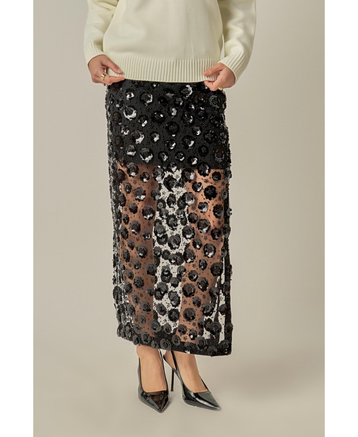 English Factory Women's Flower Sequin Sheer Midi Skirt