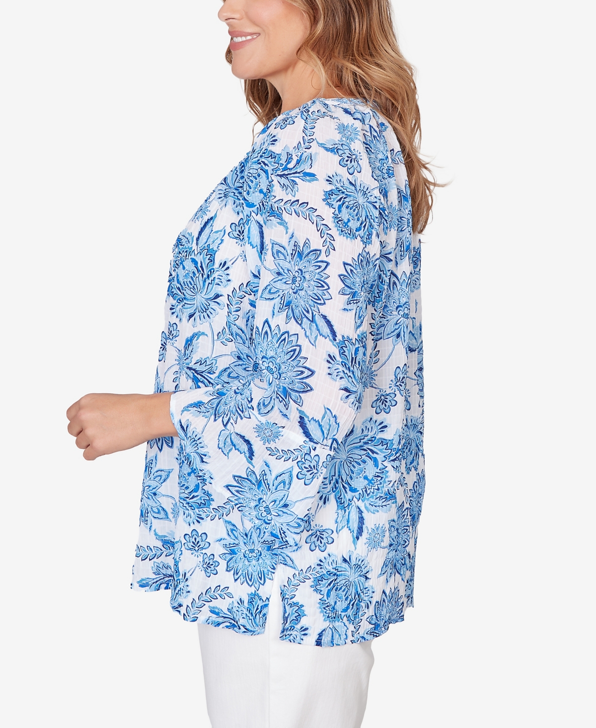 Hearts Of Palm Plus Size Printed Crinkle 3/4 Sleeve Top In Blue