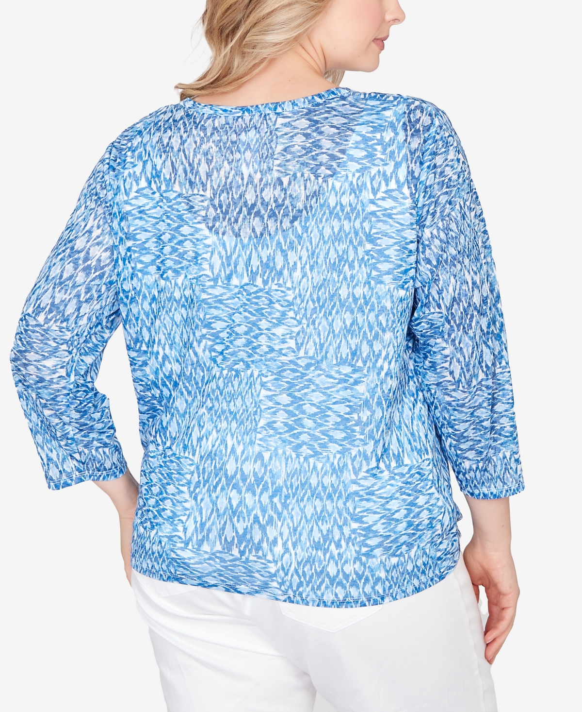 Hearts Of Palm Plus Size Printed Knit Burnout 3/4 Sleeve V-neck Top In Blue