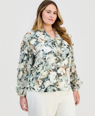 Plus Size Floral Ruffle-Sleeve Tie-Neck Blouse