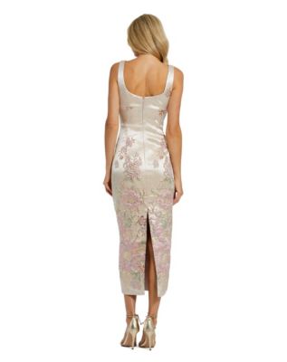 Women's Slim Strap Scoop Neck Bustier Brocade Midi Dress