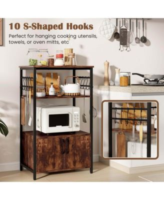 3-Tier Kitchen Baker s Rack with Cabinet 2 Open Shelves 10 S-Shaped Hooks