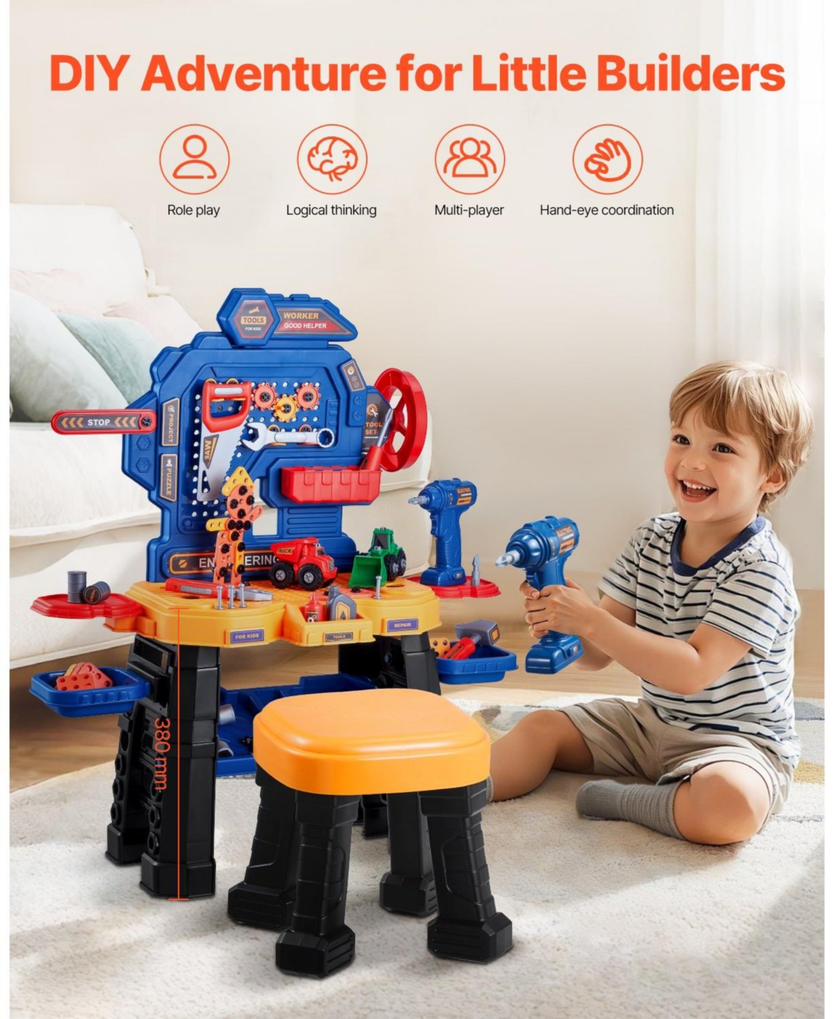 Mecale Kids Workbench Toy, 181 Pcs Tool Bench with Electric Drill & Realistic Tools, Pretend Construction Playset for Kids Age 3+