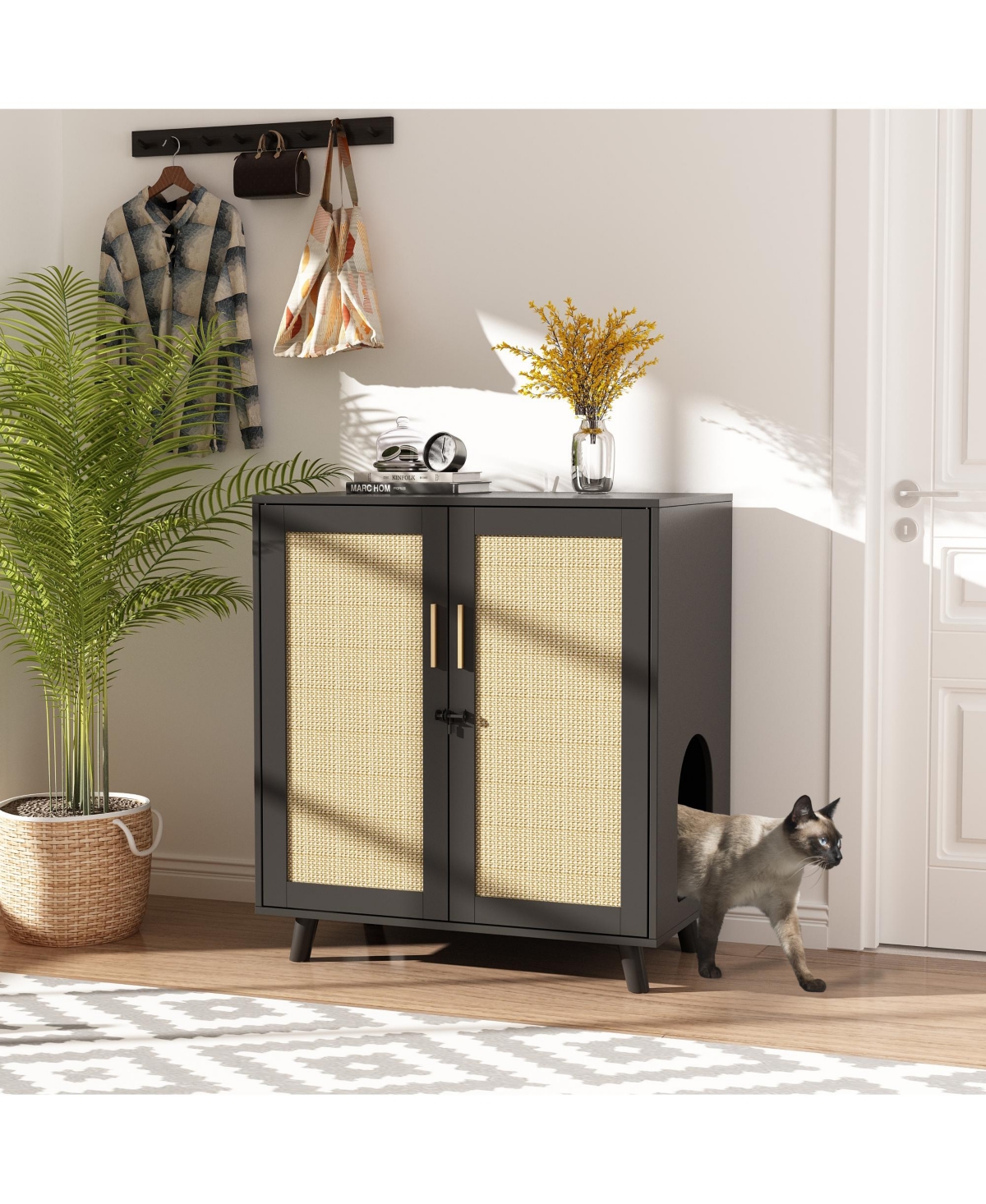 Homsee 1 Pc Wooden Cat Box Enclosure With Lock Sisal Door, Cat Washroom，Storage for Living Room