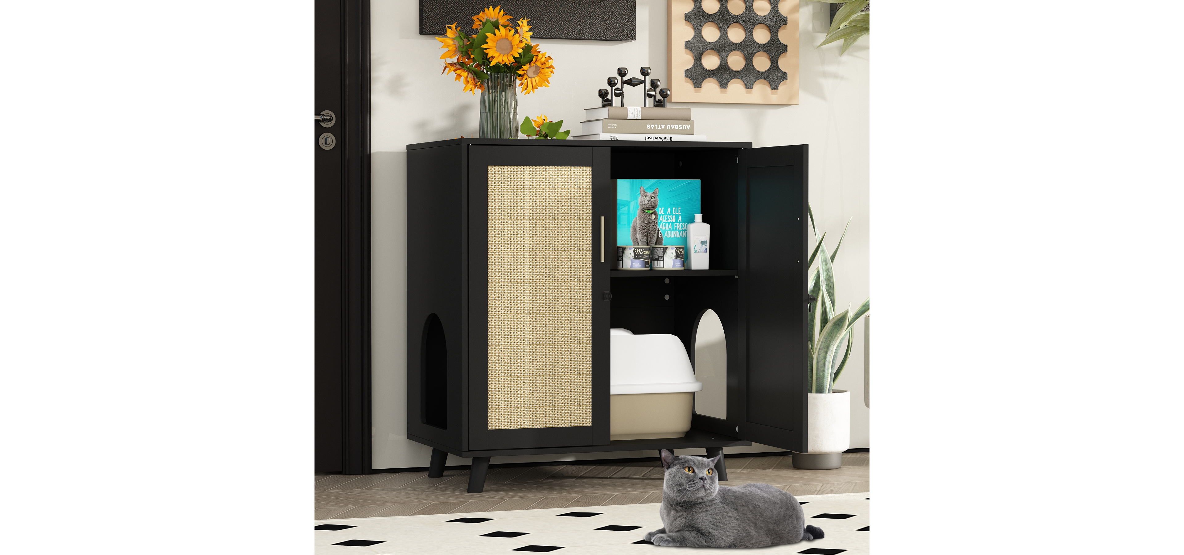 Cat Box Enclosure With Lock Sisal Door, Cat Washroom,Storage for Living Room