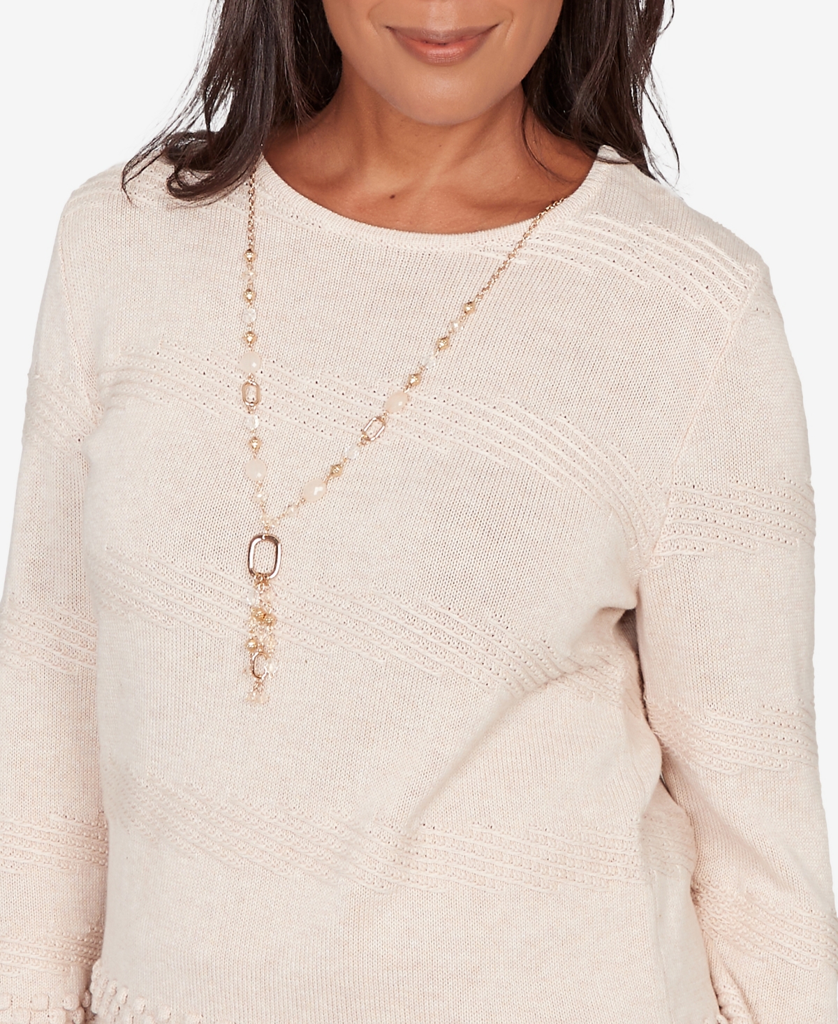 Alfred Dunner Women's Saratoga Springs Textured Biadere Striped Sweater with Necklace