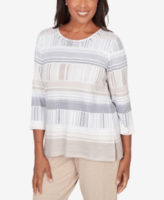 Women's Comfort & Joy Geometric Stripe Embellished Crew Neck Top