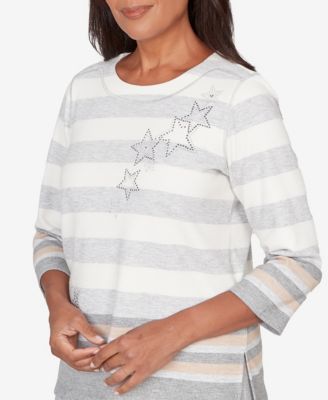 Women's Comfort & Joy Star Stripe Embellished Crew Neck Top