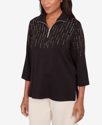 Women's Seville Heat Set Embellished Zip Mock Neck Top