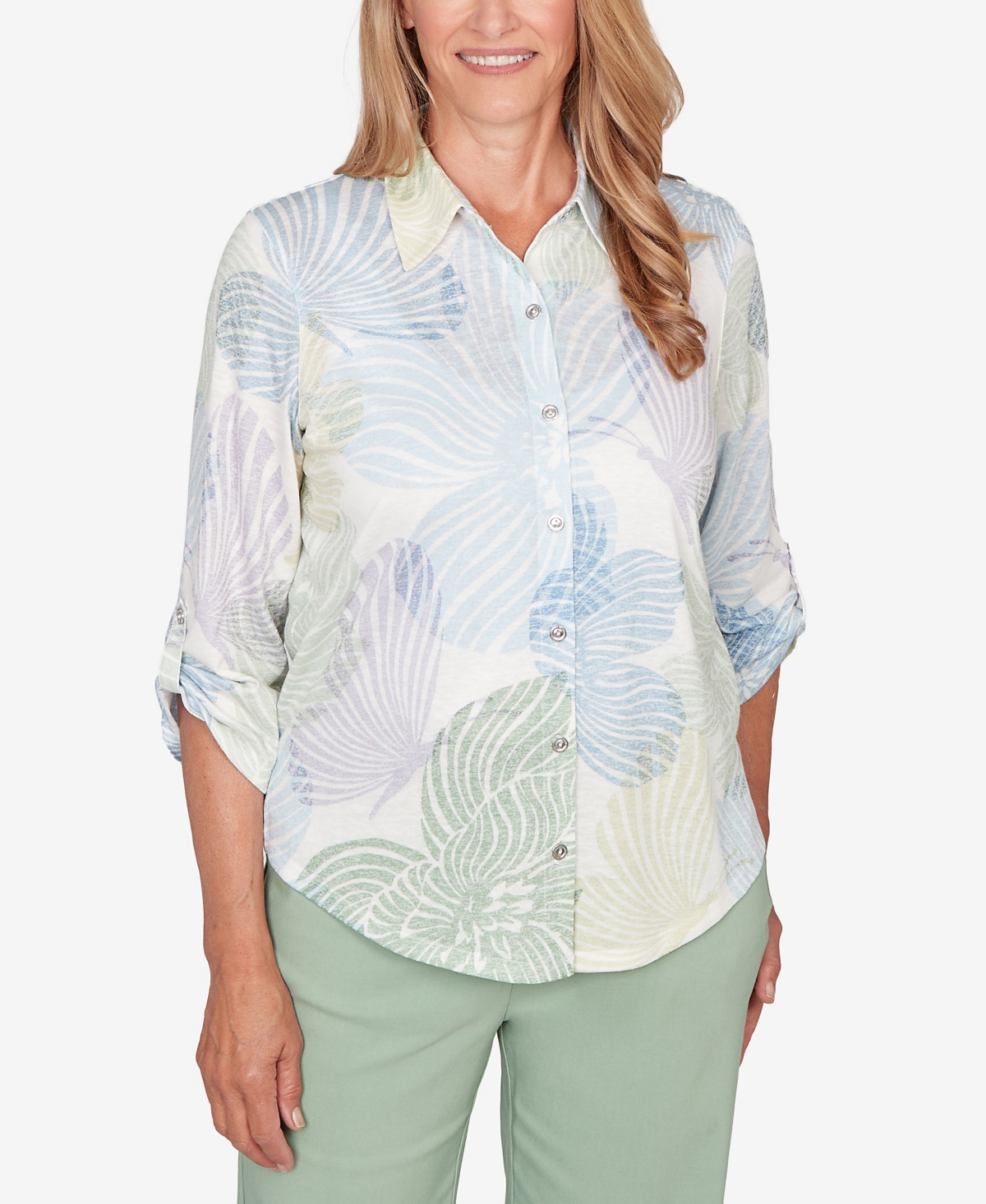 Alfred Dunner Women's St. Augustine Pastel Floral Print Button Down Shirt