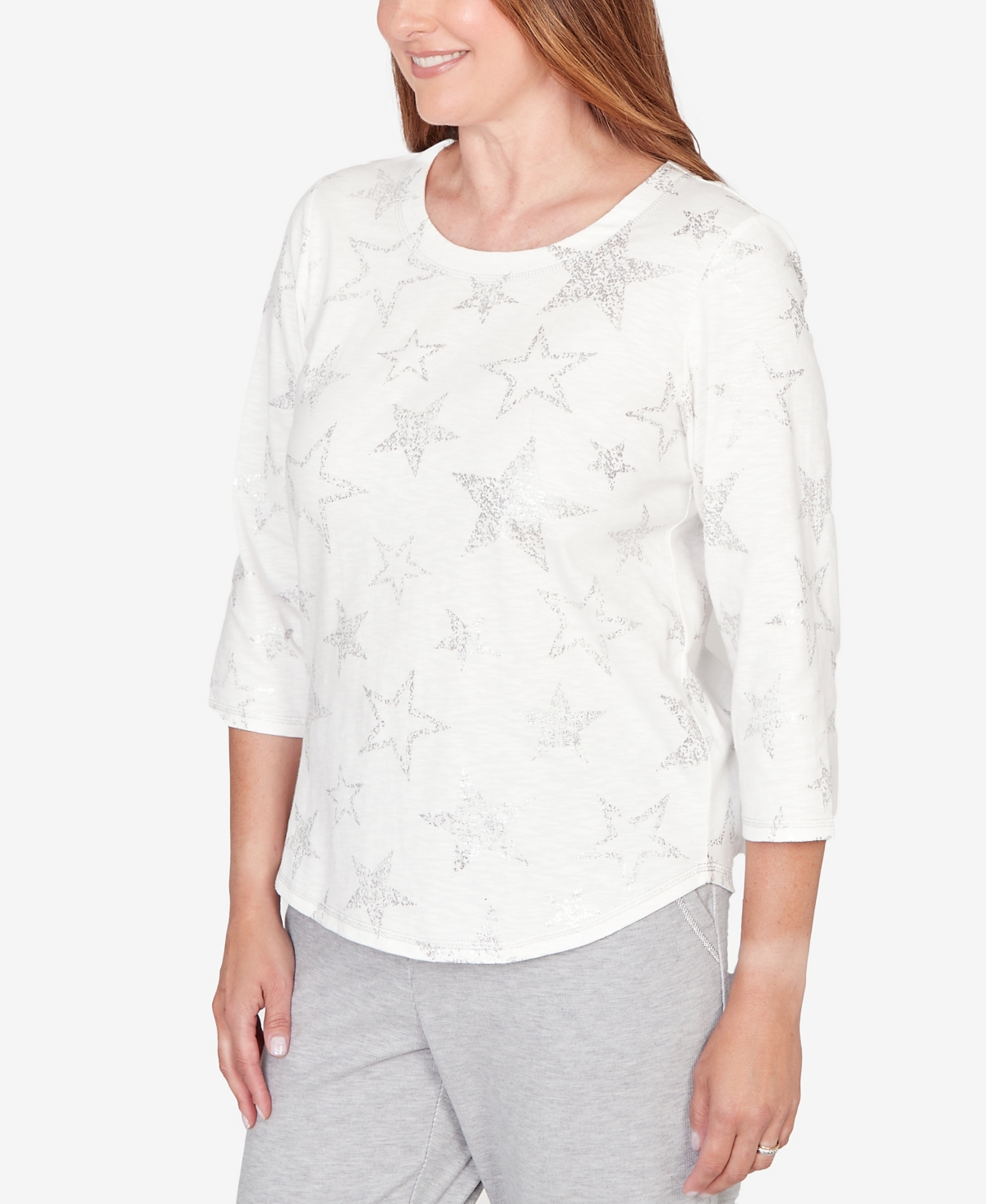 Alfred Dunner Petite Comfort & Joy Star Print Crew Neck Top In White