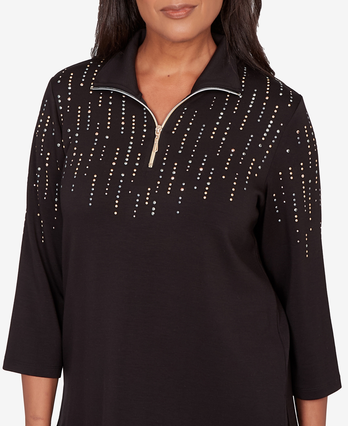 Alfred Dunner Petite Seville Heat Set Embellished Zip Mock Neck Top