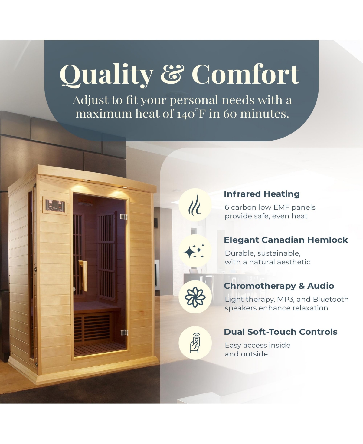 Dynamic Saunas Toulouse 2 Person Infrared Sauna w/Speakers, Canadian Hemlock