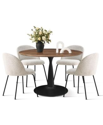 5-Piece Modern Dining Set with Upholstered Chairs and Round Walnut Table, Black Metal Base, Space-Saving Kitchen Set for 4