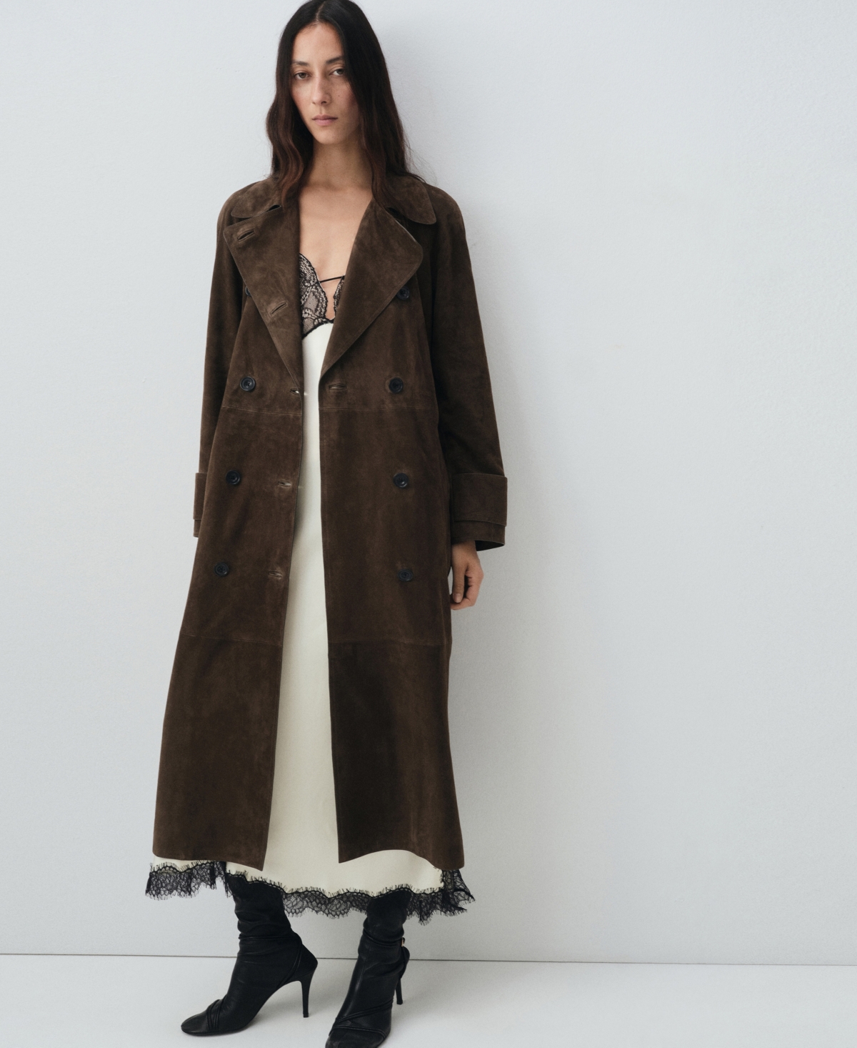 Mango Women's 100% Suede Double-Breasted Trench Coat