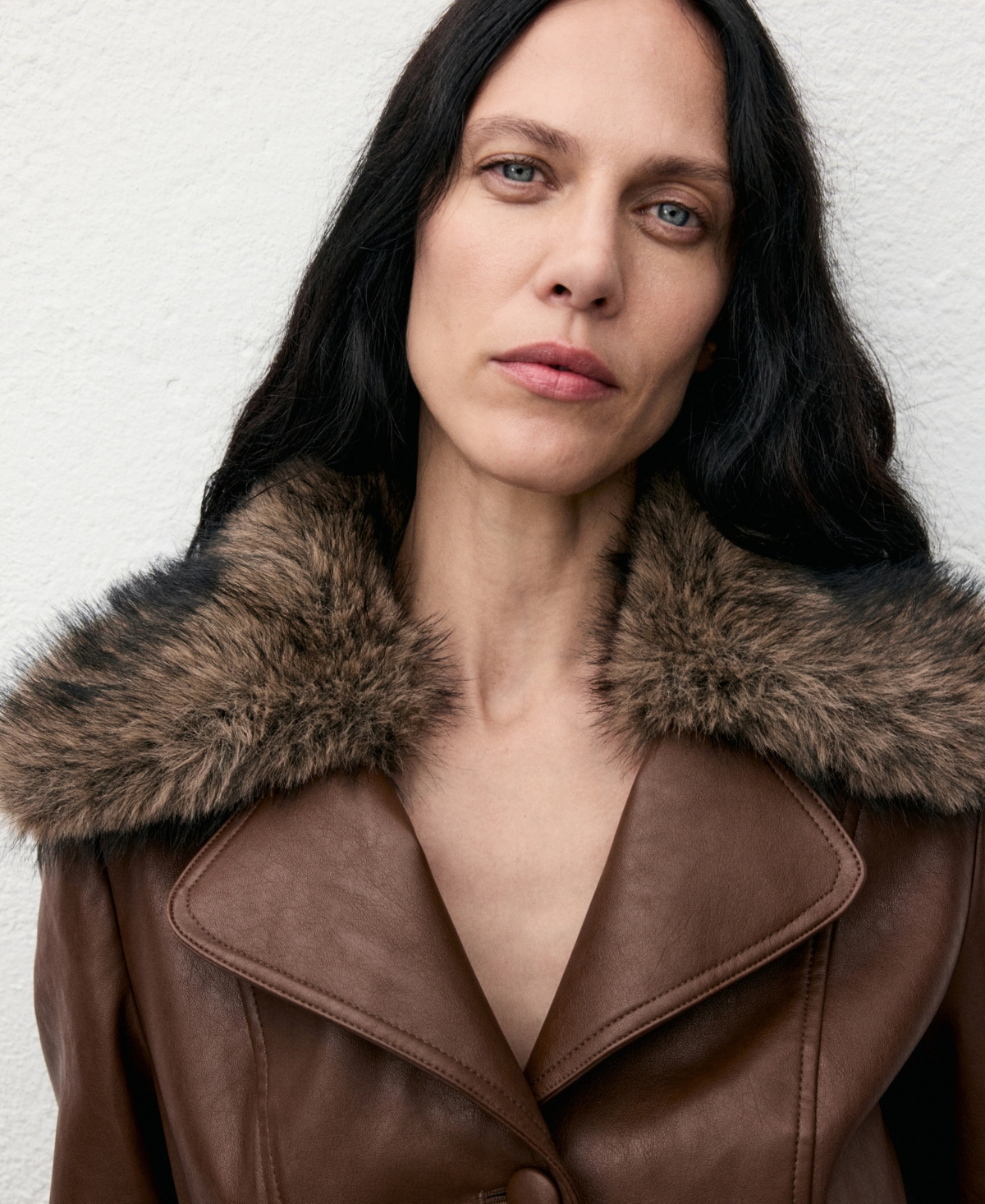 Mango Women's Fur Collar Leather-effect Coat In Brown