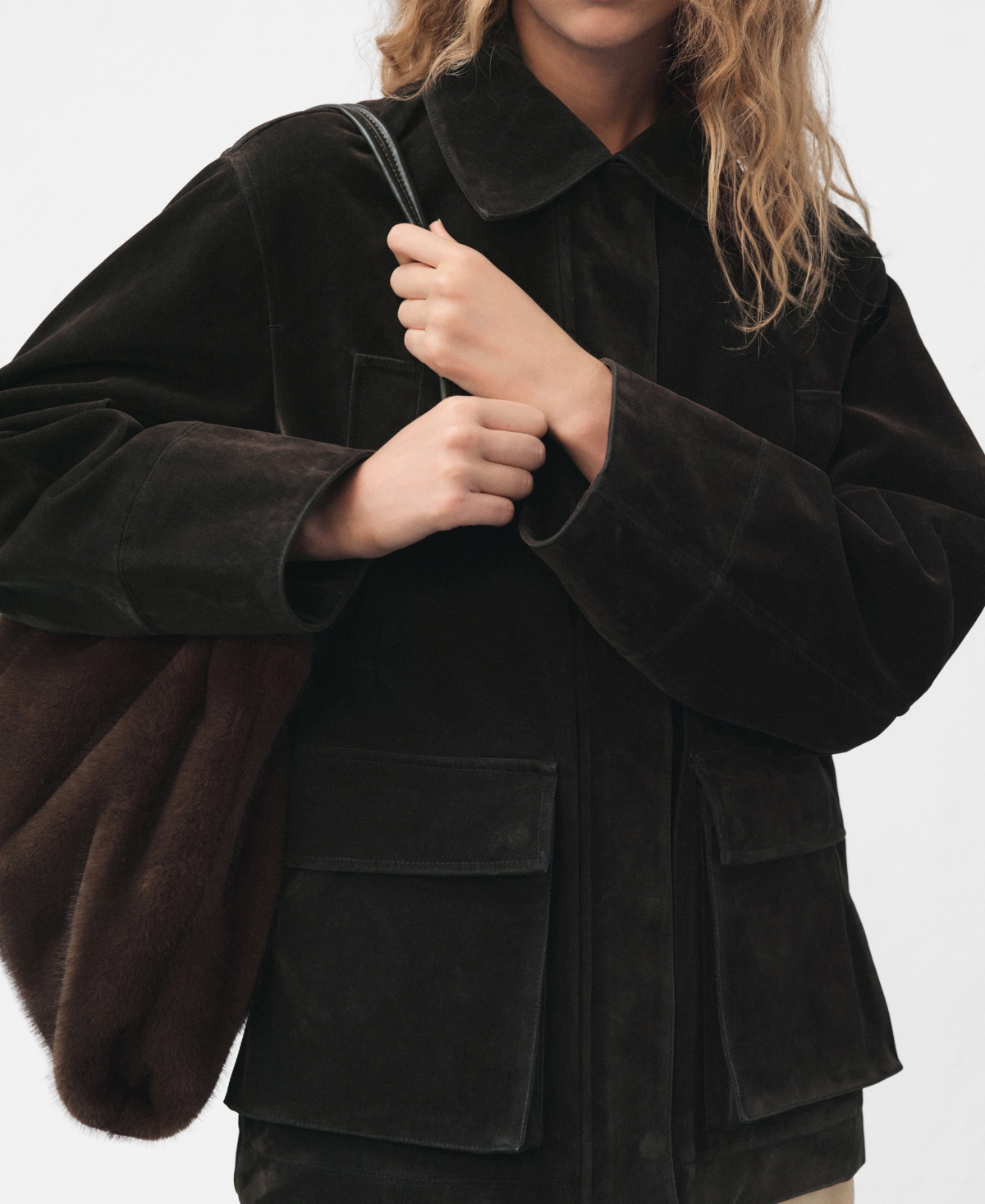 Mango Women's Fur-effect Collar Velvet-finish Parka In Brown