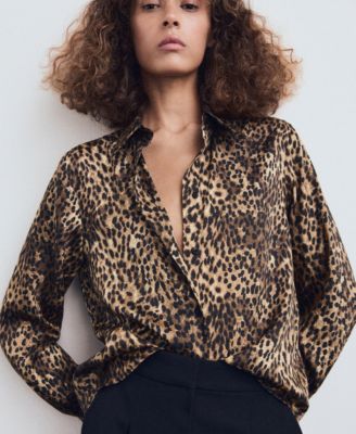 MANGO - Women's Leopard-Print Satin Shirt