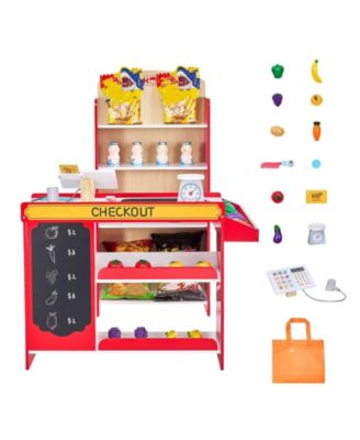 Kids Grocery Store Playset, Wooden Store with Bag, Conveyor Belt, Scanner, Cash Register & Scale, Pretend Supermarket Toy