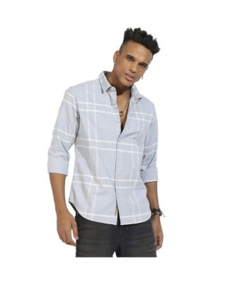 Men's Light Grey Contrast Tartan Plaid Shirt.